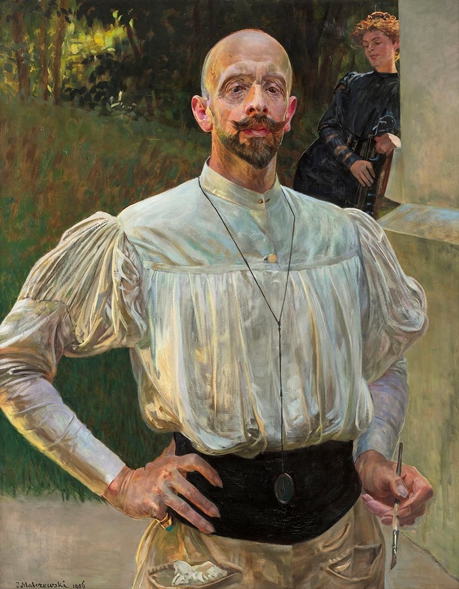 Jacek Malczewski, Autoportret z pędzlem w dłoni, 1906, olej - malarz przedstawia samego siebie w półpostaci, trzymając w dłoni pędzel, narzędzie swojej sztuki; spojrzenie skierowane wprost na widza, twarz indywidualna i wyrazista, całość w stłumionej, symbolistycznej tonacji typowej dla osobistego stylu artysty
