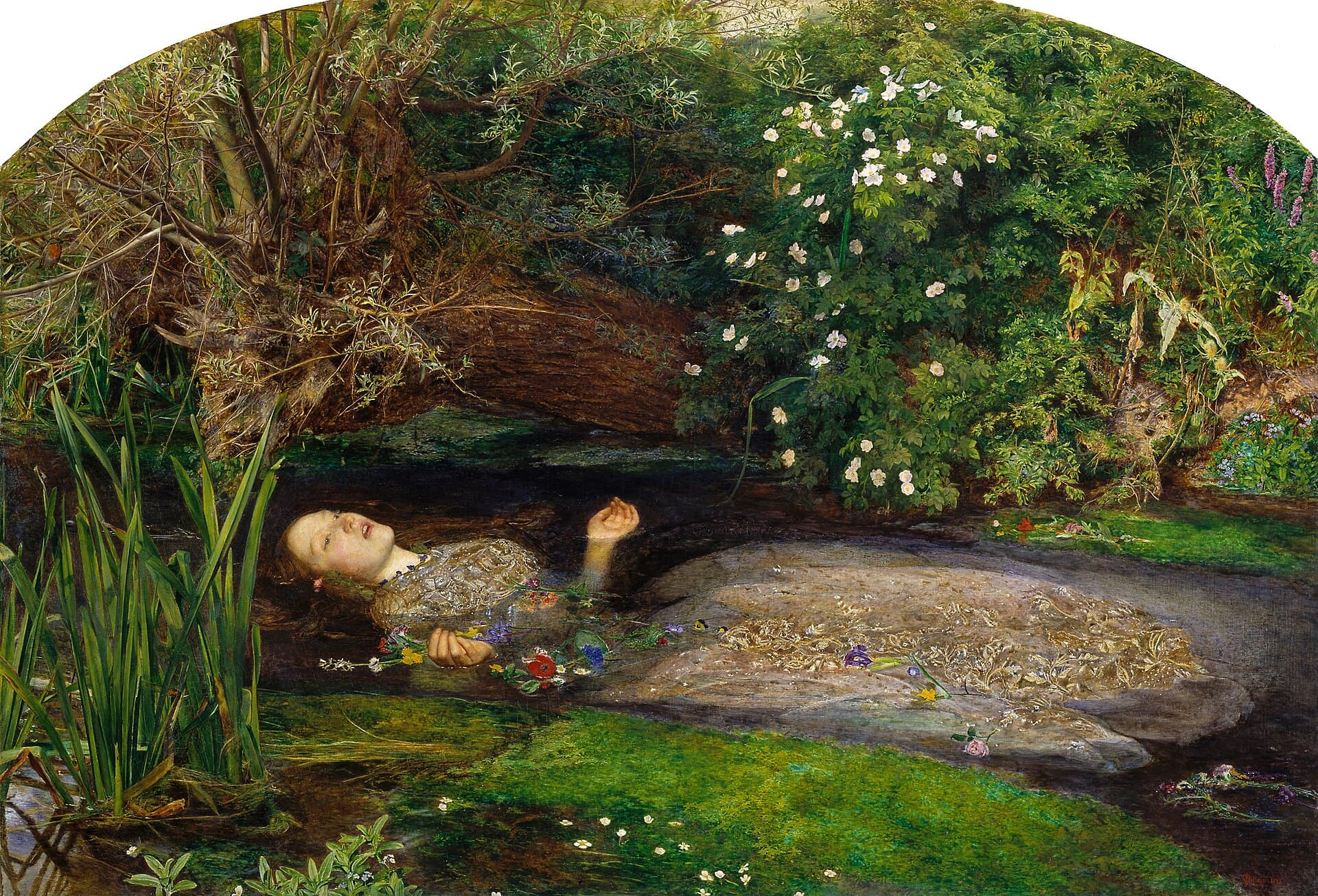John Everett Millais, Ofelia 1851-52, Tate Britain — tonąca Ofelia jako wizualna esencja momentu „wszystko stracone”