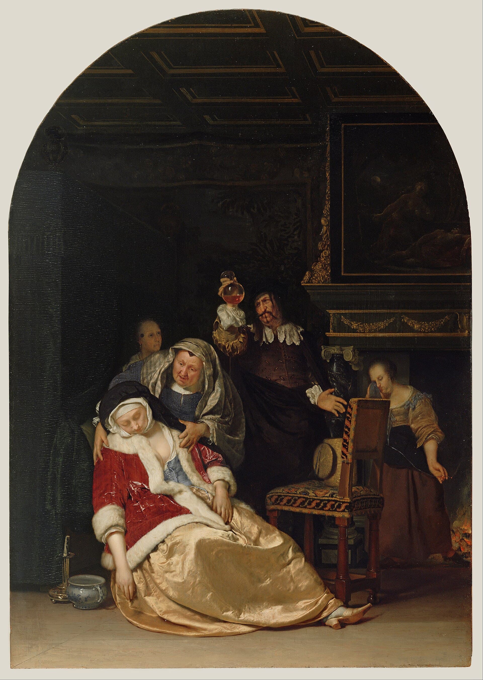 Frans van Mieris starszy, Wizyta lekarza, 1667, J. Paul Getty Museum. Ciemne mieszczańskie wnętrze. Młoda kobieta w futrzanym kaftaniku osunęła się bezwładnie na krześle, z opuszczoną głową i dłonią zwieszoną wzdłuż ciała. Starsza kobieta pochyla się nad nią i podtrzymuje ją za ramię. W głębi stoi odwrócony bokiem mężczyzna w ciemnym płaszczu i kapeluszu, który uniósł szklaną flaszkę i ogląda ją pod światło. Przy kominku w tle służąca pochyla się nad ogniem.