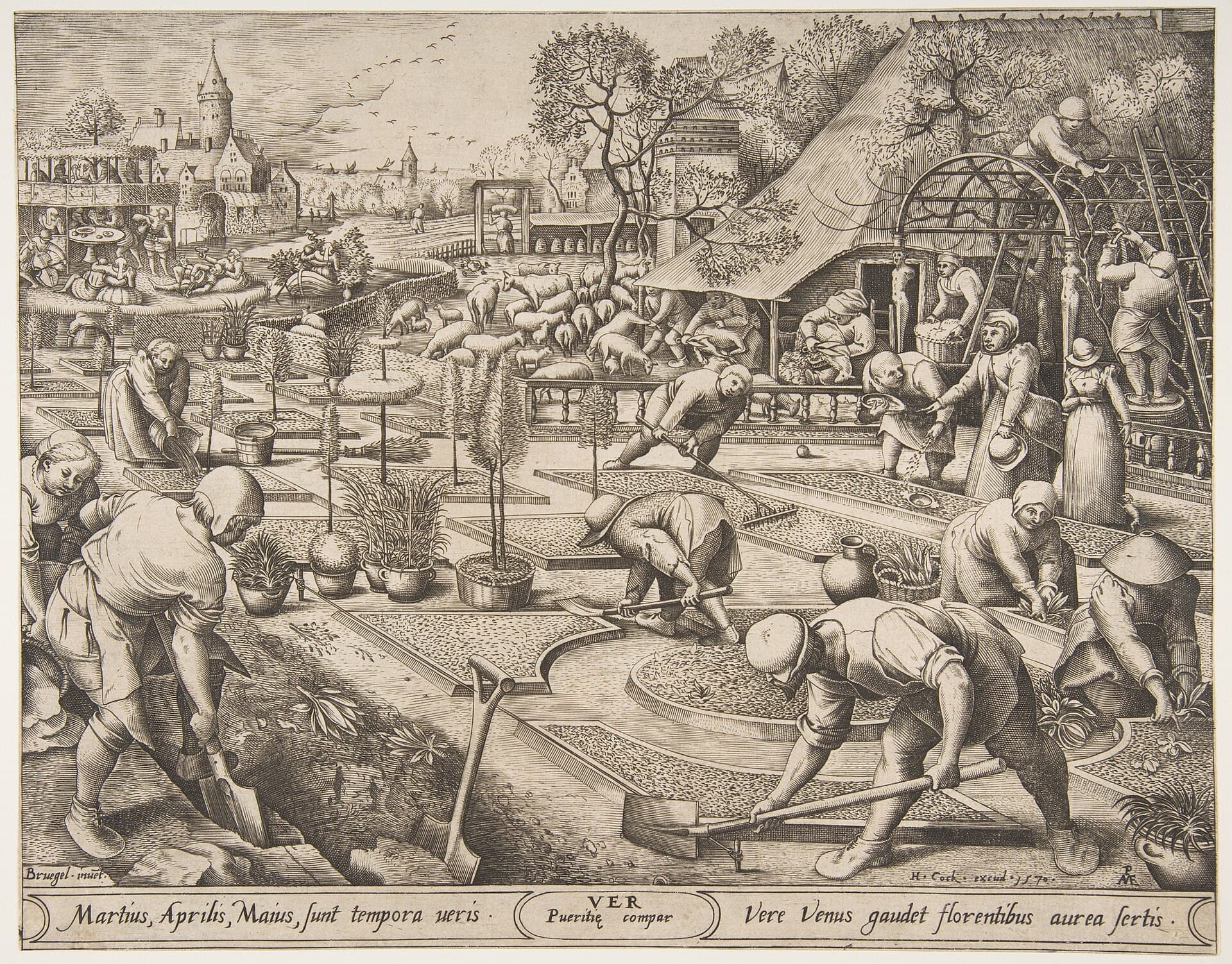 Pieter van der Heyden według Pietera Bruegla starszego, Wiosna (Ver) z cyklu Pory roku, 1570, sztych - rozległy widok zakładania formalnego ogrodu: na pierwszym planie ludzie kopią i obsadzają prostokątne grządki, inni przycinają, strzygą i prowadzą rozrośnięte krzewy i drzewka, nadając rabatom geometryczny kształt; w głębi strzyżenie owiec, a jeszcze dalej eleganckie towarzystwo biesiaduje w ogrodowej altanie
