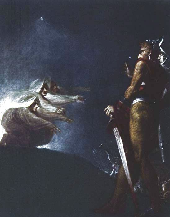 Johann Heinrich Füssli, Makbet i wiedźmy — wiedźmy z Makbeta to ikoniczny przykład zapowiedzi w literaturze