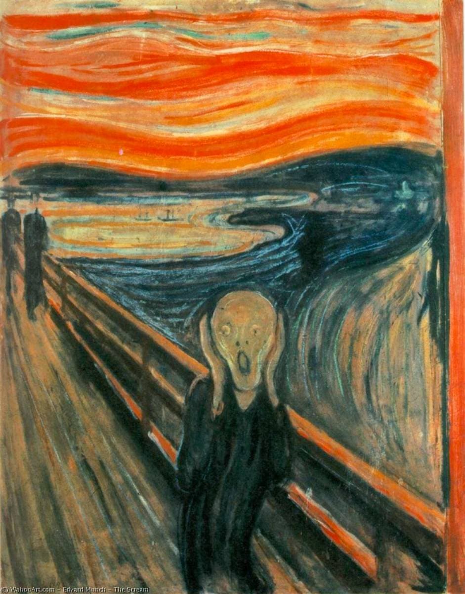 Edvard Munch, Krzyk, 1893 - wykrzywiona postać na moście chwyta się za twarz, ogarnięta grozą, której źródła nie widać