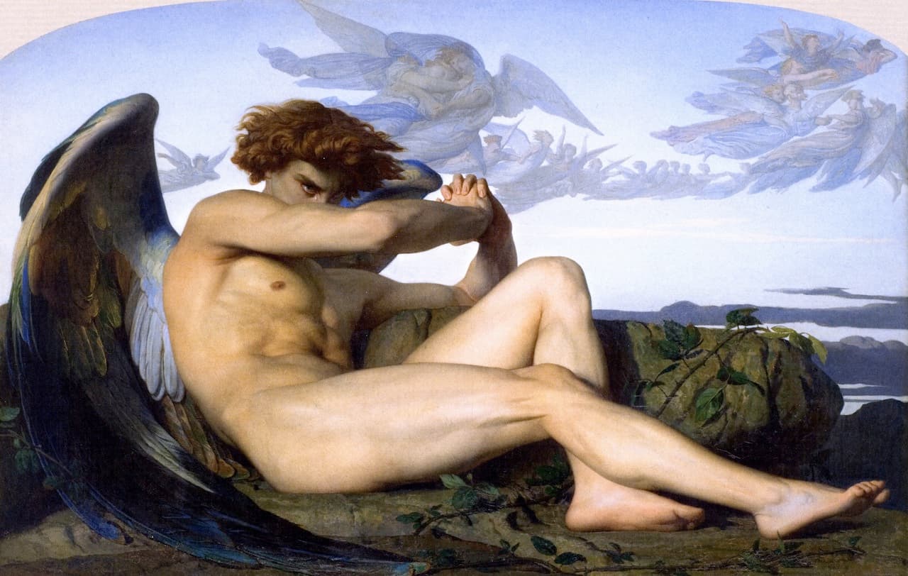 Alexandre Cabanel, Upadły anioł 1847, Musée Fabre - nagi skrzydlaty młodzieniec o doskonałym ciele leży wsparty na skale, na wpół kryjąc twarz za splecionymi ramionami i spoglądając spod łokcia jednym przekrwionym okiem z łzą gniewu, podczas gdy w błękicie nieba radują się aniołowie; obraz urażonego, zbuntowanego Lucyfera