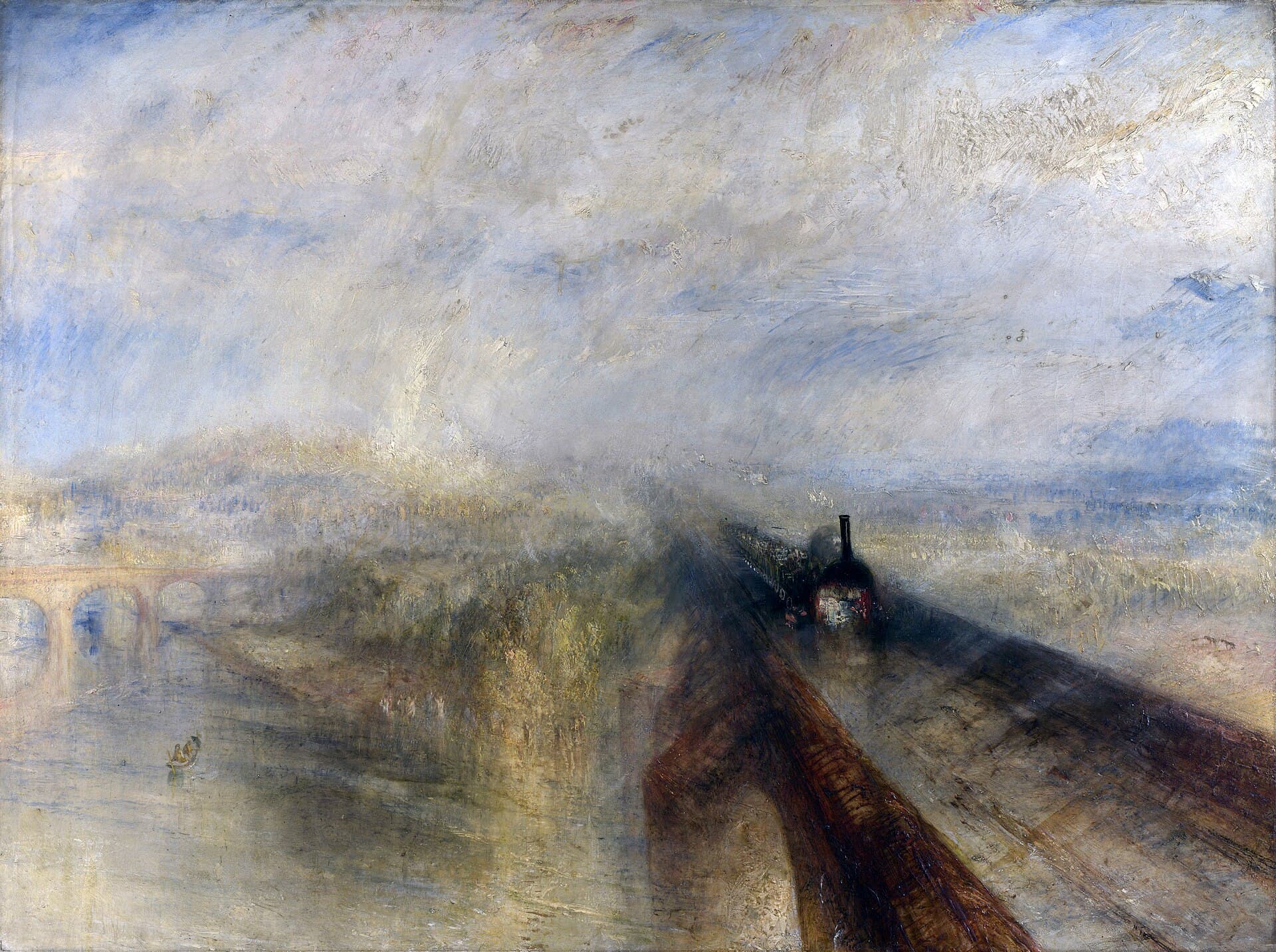 William Turner, Deszcz, para i szybkość, 1844 - czarny parowóz pędzi po wiadukcie wprost ku widzowi przez rozmytą mgłę i deszcz, a po lewej stronie widać stary kamienny most na rzece i małą łódkę z wioślarzem