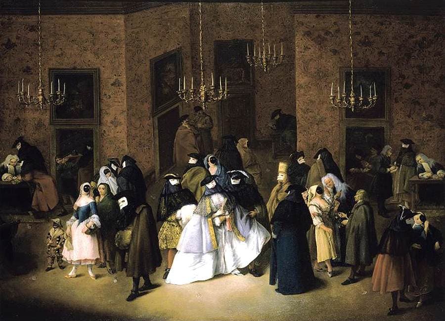 Pietro Longhi, Ridotto w Wenecji (lata 50. XVIII w.) — wnętrze weneckiego domu gry: grupy postaci w czarnych płaszczach i trójgraniastych kapeluszach, niemal połowa twarzy zakryta białymi maskami, po bokach stoliki do gry i siedzący przy nich ludzie z odsłoniętymi twarzami