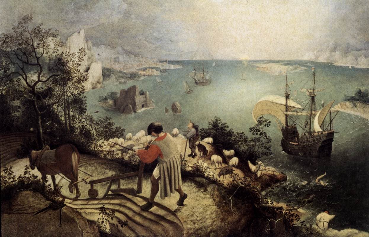 Pieter Bruegel Starszy, Pejzaż z upadkiem Ikara ok. 1560, Królewskie Muzea Sztuk Pięknych Belgii — Ikar tonie w prawym dolnym rogu, wszyscy patrzą gdzie indziej, klasyczna metafora zwrotu w finale