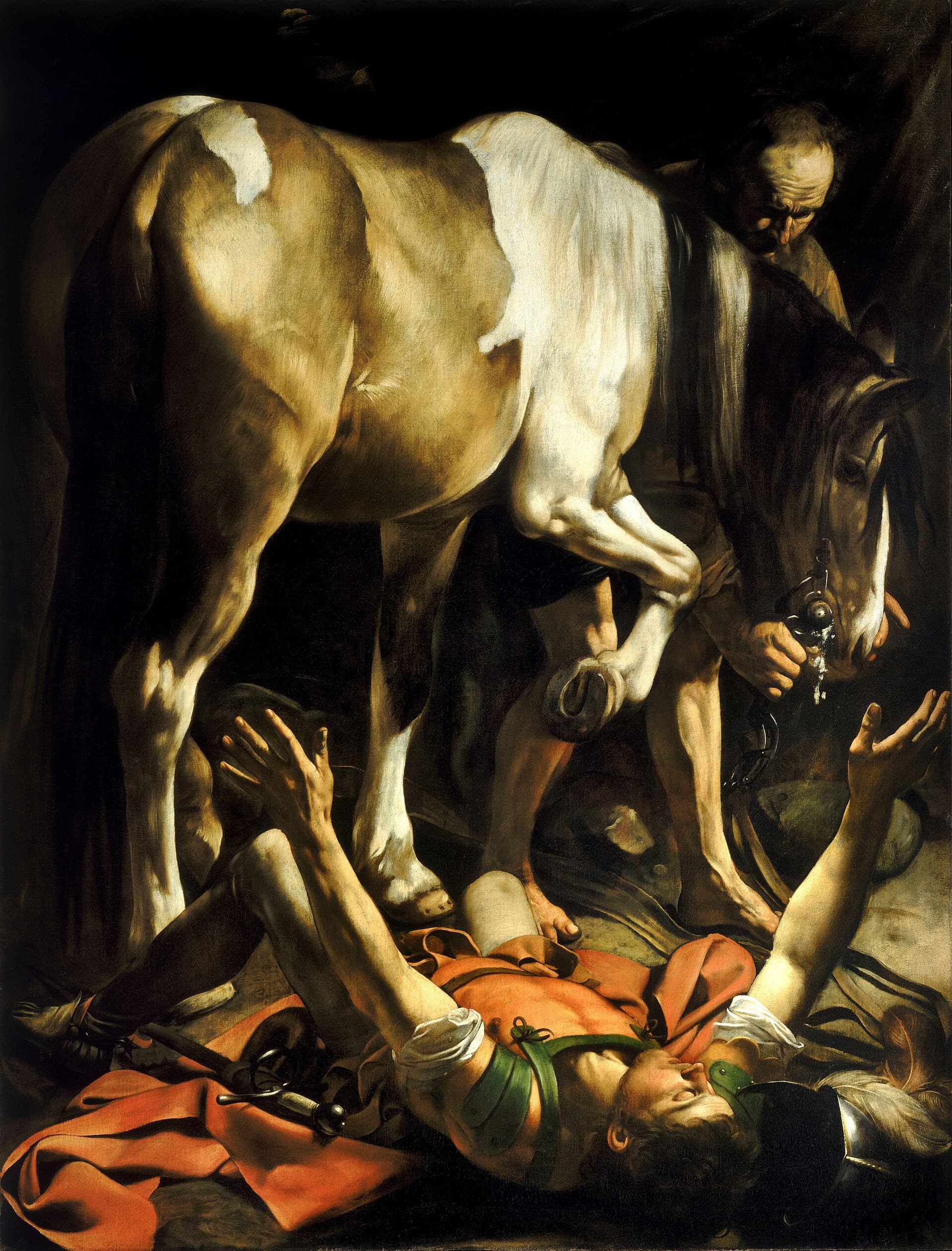 Caravaggio, Nawrócenie w drodze do Damaszku, 1601, olej na płótnie - ciasny, ciemny kadr prawie w całości wypełniony końskim zadem; pod zwierzęciem leży na wznak młody mężczyzna w zbroi, z rozrzuconymi ramionami i zamkniętymi oczami, jego miecz i hełm spadły obok, a starszy sługa przytrzymuje konia za uzdę i pochyla się nad leżącym
