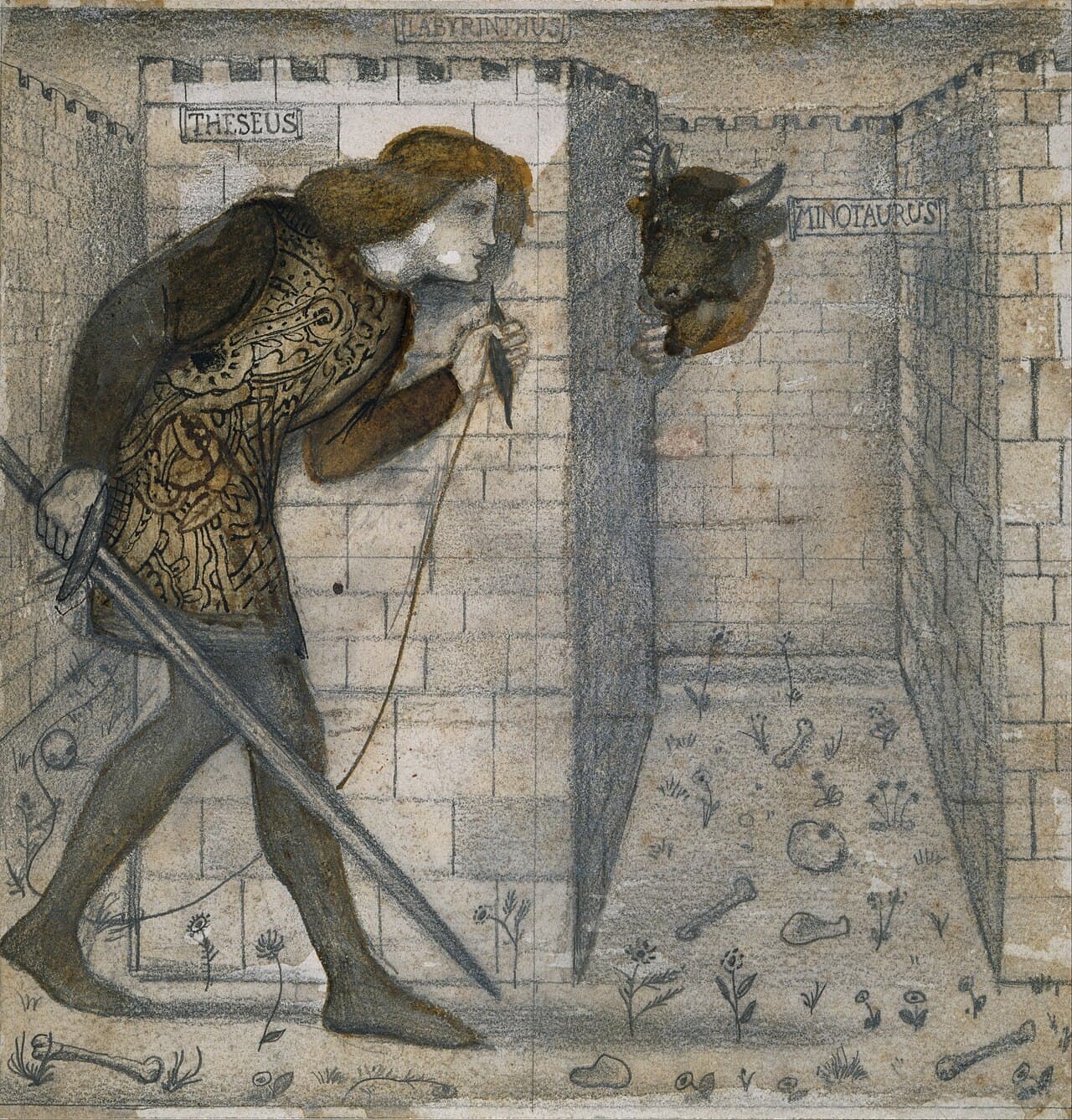 Edward Burne-Jones, Tezeusz i Minotaur w labiryncie, projekt kafla, XIX w. - rysunek ołówkiem i akwarelą: młodzieniec w zdobnej tunice idzie ze spuszczonym mieczem wzdłuż ceglanego muru i trzyma w palcach cienką nić, a zza narożnika po prawej wychyla się rogaty łeb byka; na ziemi leżą kości i pojedyncze chwasty, u góry łacińskie napisy THESEUS, LABYRINTHUS i MINOTAURUS w prostokątnych ramkach
