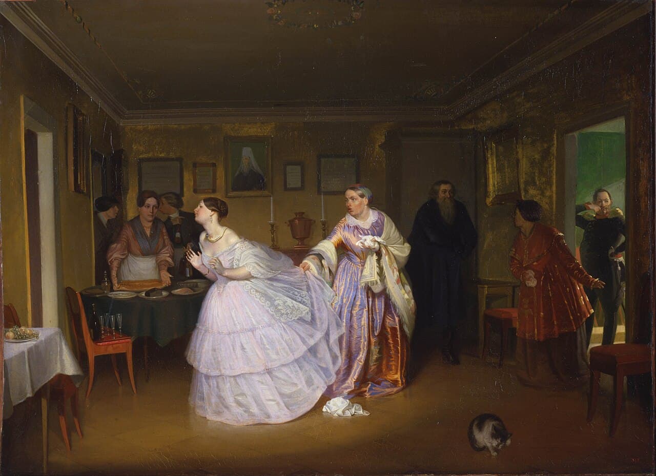 Pawieł Fiedotow, Swaty majora (1851) — kupiecki salon w chwili, gdy w drzwiach staje major z podkręconym wąsem: panna w białej sukni ucieka do drugiego pokoju, matka chwyta ją za suknię, kupiec zapina naprędce surdut, swatka pokazuje ręką na gościa