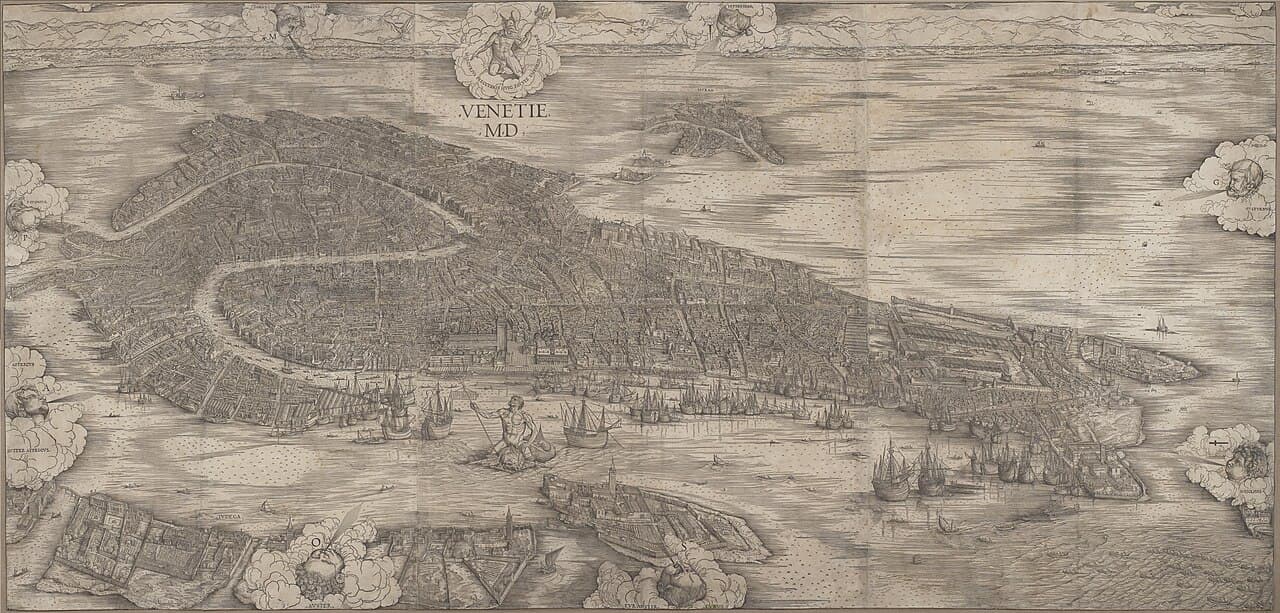 Jacopo de' Barbari, Widok Wenecji (View of Venice) 1500, drzeworyt z sześciu klocków — cała Wenecja widziana z lotu ptaka, gęsta plątanina domów, kanałów i mostów, w porcie żaglowce z masztami, w wodzie postać Neptuna, nad miastem Merkury na obłoku, przy krawędziach głowy ośmiu wiatrów w chmurach, u góry napis VENETIE MD