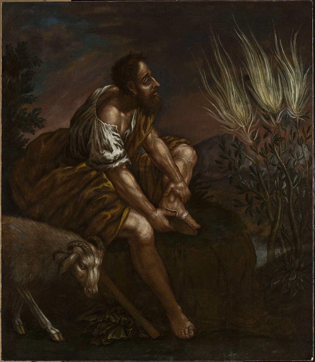 Domenico Fetti, ok. 1613-1614, olej, Muzeum Narodowe w Warszawie - brodaty mężczyzna w obszernej szacie przyklęka wśród skał, odchylony całym ciałem w tył, i zasłania sobie oczy uniesionym przedramieniem; naprzeciw niego, nisko przy ziemi, pali się jasnym ogniem krzew, którego gałęzie zostają całe, a reszta pejzażu tonie w ciemnych brązach i zieleniach