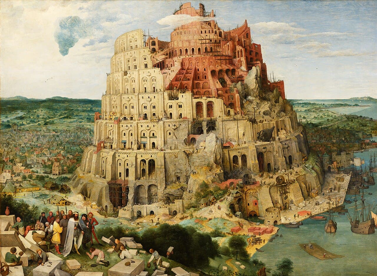 Pieter Bruegel Starszy, Wieża Babel wersja wiedeńska 1563, Kunsthistorisches Museum — klasyczne wizualne budowanie świata, kompleksowa konstrukcja architektury z setkami mikroszczegółów, mit założycielski w jednej kompozycji