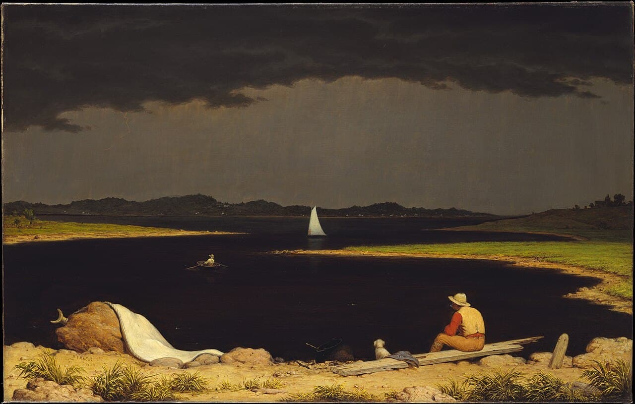Martin Johnson Heade, Nadciągająca burza (1859) - nieruchoma tafla zatoki pod czarniejącym niebem przed burzą