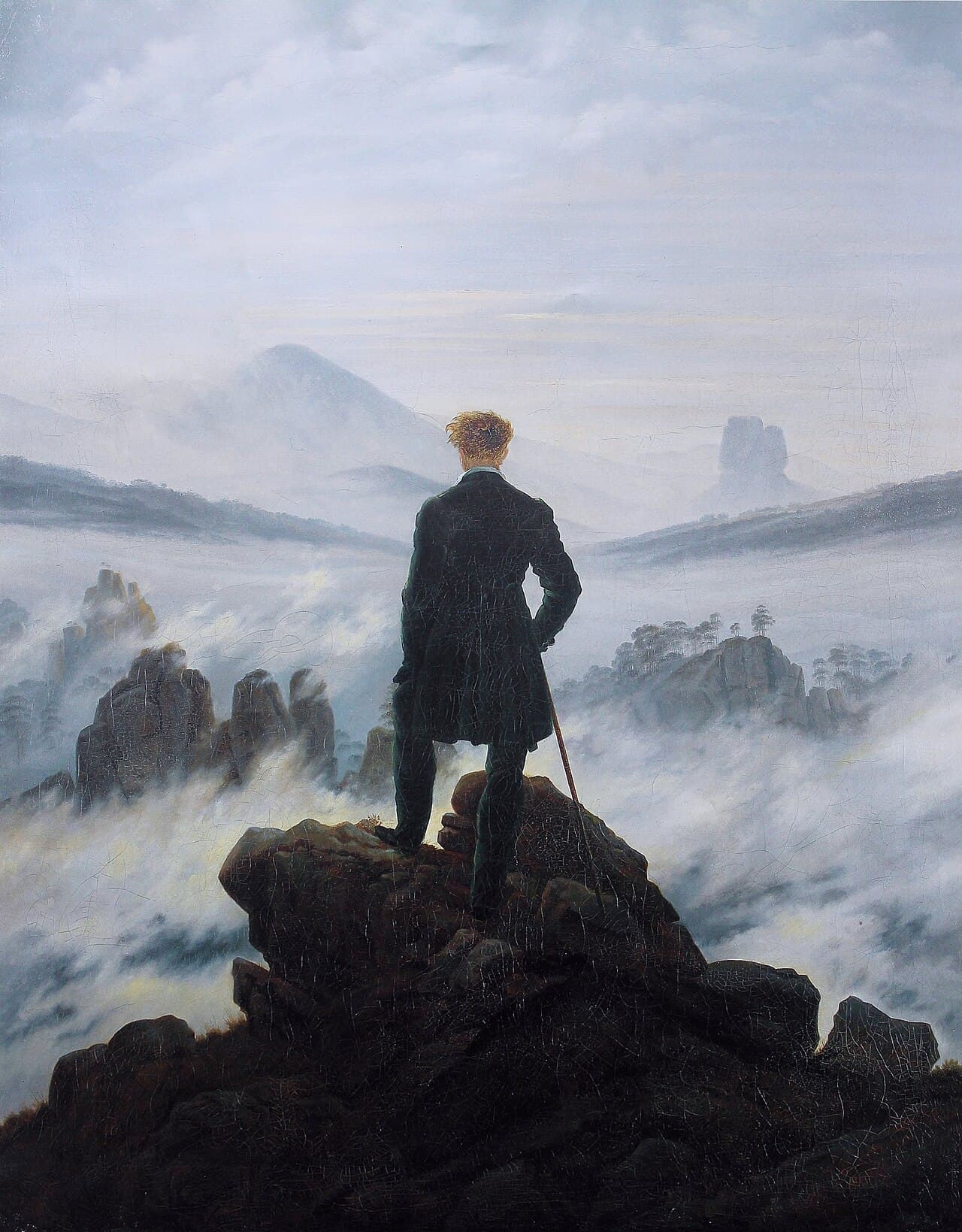 Caspar David Friedrich, Wędrowiec nad morzem mgły ok. 1818, Hamburger Kunsthalle — klasyczna wizualizacja absolutnej ciszy w sztuce zachodniej