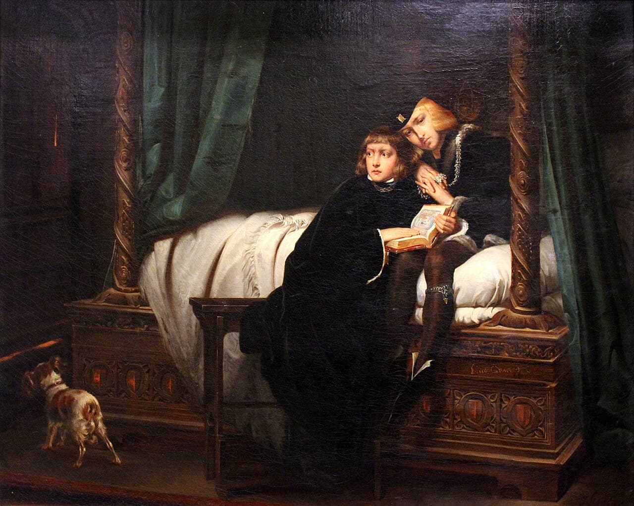 Paul Delaroche, Dzieci Edwarda, 1830, Luwr w Paryżu — ciemna komnata, po prawej wielkie łoże z rzeźbionym cokołem i odsuniętą zieloną kotarą. Na łożu siedzą obok siebie dwaj chłopcy w czerni, starszy obejmuje młodszego. Na kolanach mają otwartą, iluminowaną księgę, ale obaj oderwali od niej wzrok i patrzą w lewo, poza krawędź obrazu. Mały piesek u podnóża łoża zwrócił się w tę samą stronę. Z brzegu posłania zsuwa się na podłogę biała kartka. Poza dwiema twarzami i księgą wszystko tonie w mroku.