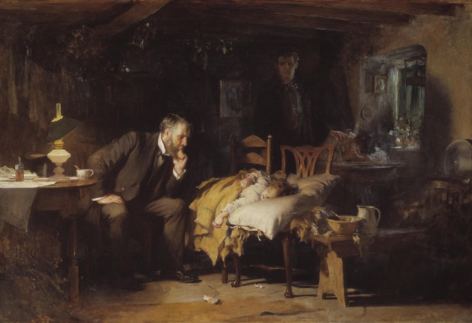 Luke Fildes, Lekarz, 1891, Tate Britain w Londynie — półmroczne wnętrze ubogiej chaty; brodaty lekarz w ciemnym ubraniu siedzi na krześle, pochyla się do przodu i wsparłszy brodę na dłoni, patrzy na dziecko śpiące na posłaniu sklejonym z dwóch przysuniętych krzeseł; obok stół z lampą naftową, filiżanką i buteleczką, w głębi po prawej matka opuściła głowę na złożone ręce, ojciec stoi za nią z dłonią na jej ramieniu, a przez okno wpada pierwsze światło dnia