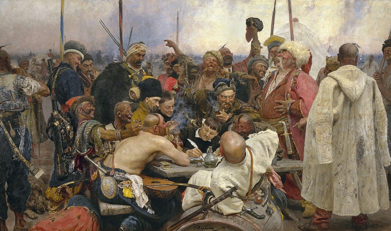 Ilja Riepin, Kozacy zaporoscy piszą list do sułtana (1880-1891) - kilkunastu roześmianych mężczyzn tłoczy się wokół pisarza z piórem, każdy podpowiada swoje