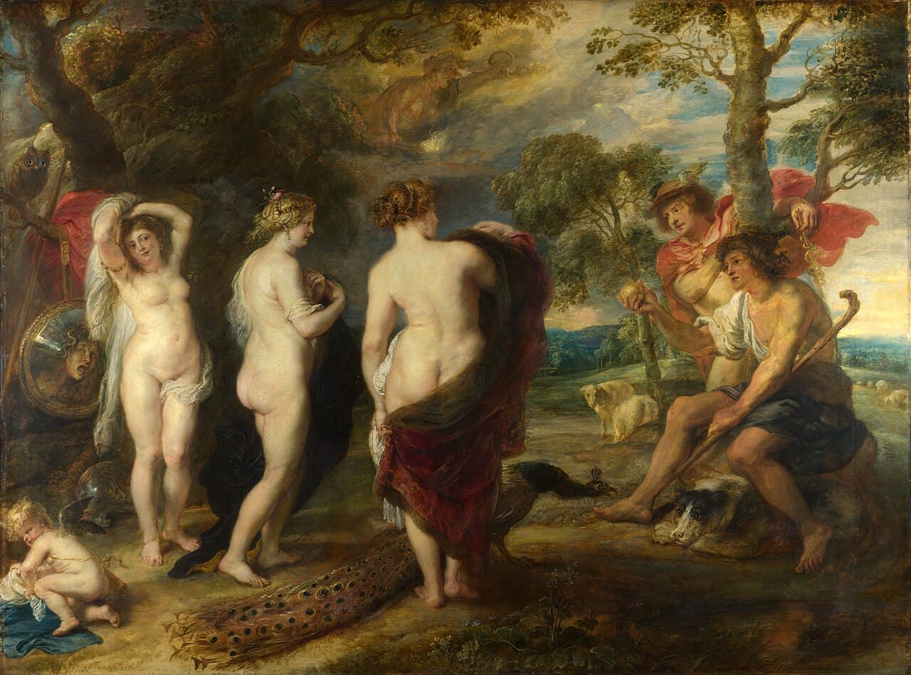 Peter Paul Rubens, Sąd Parysa (ok. 1632–1635) — po prawej młody pasterz w niebieskiej przepasce siedzi na futrze, opiera się o pasterski kij i unosi małe złote jabłko ku stojącemu za nim Hermesowi w skrzydlatym kapeluszu. Po lewej, w cieniu drzew, stoją trzy nagie kobiety, u stóp pasterza leży duży pies, a w głębi, na słonecznej równinie, pasą się owce.