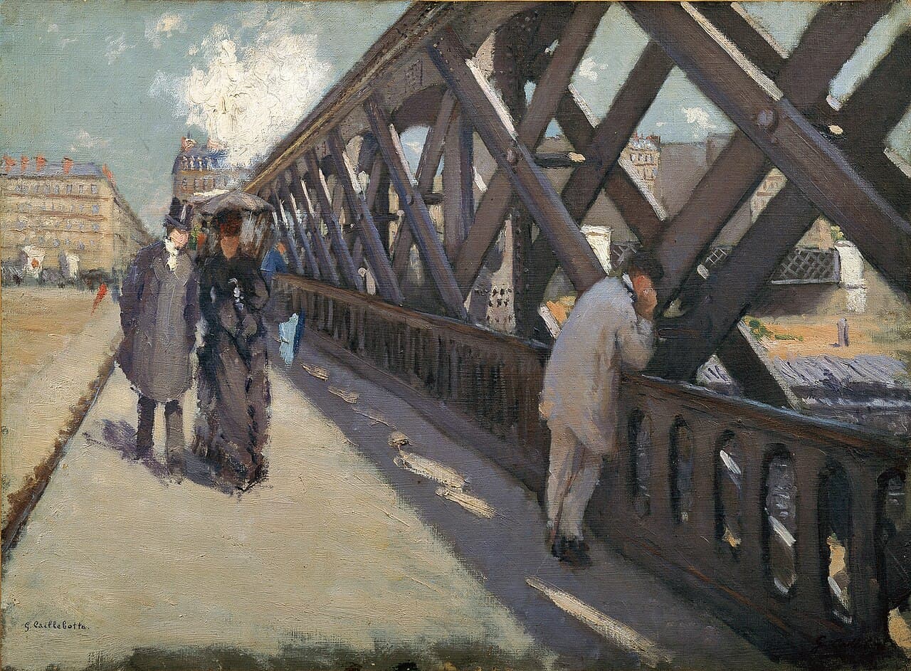Gustave Caillebotte, Most Europy (1876) - chodnik paryskiego mostu kolejowego w słoneczny dzień: po lewej idą mężczyzna w cylindrze i ciemnym palcie oraz kobieta w kapeluszu i długiej sukni, po prawej robotnik w jasnej bluzie opiera się o barierkę i patrzy w dół na tory, a nad wszystkimi wznosi się ukośna stalowa kratownica przęsła, zwężająca się ku głębi