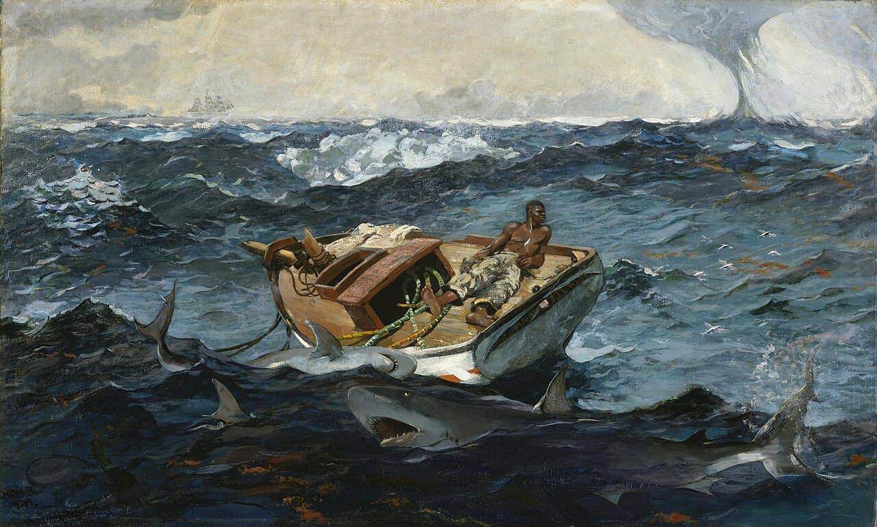 Winslow Homer, Prąd Zatokowy, 1899, Metropolitan Museum of Art w Nowym Jorku - na wzburzonym oceanie dryfuje mała łódź z urwanym masztem i zerwanym takielunkiem; na pokładzie siedzi samotny czarnoskóry żeglarz i patrzy w bok, wokół burty krążą rekiny z otwartymi paszczami, na horyzoncie po lewej majaczy odległy żaglowiec, po prawej wiruje trąba wodna; zagrożenie narastające warstwami