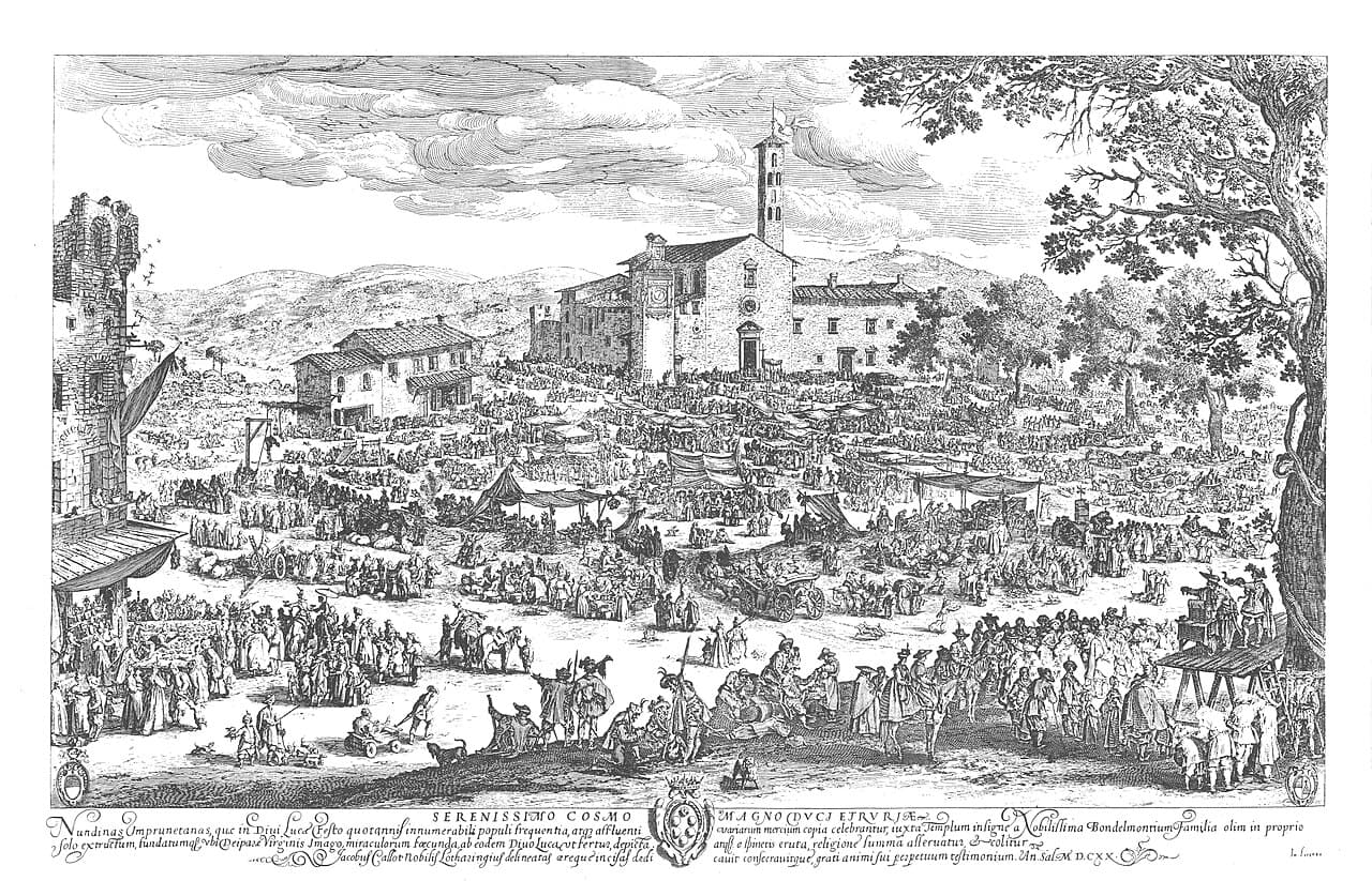 Jacques Callot, Jarmark w Impruneta (La Fiera dell'Impruneta) 1620, akwaforta — rozległy plac przed kościołem z dzwonnicą, rzędy straganów pod płóciennymi daszkami, tłumy ludzi, wozy i konie, po lewej ruina wieży, po prawej drewniany podest z widowiskiem, u dołu ryciny łaciński napis