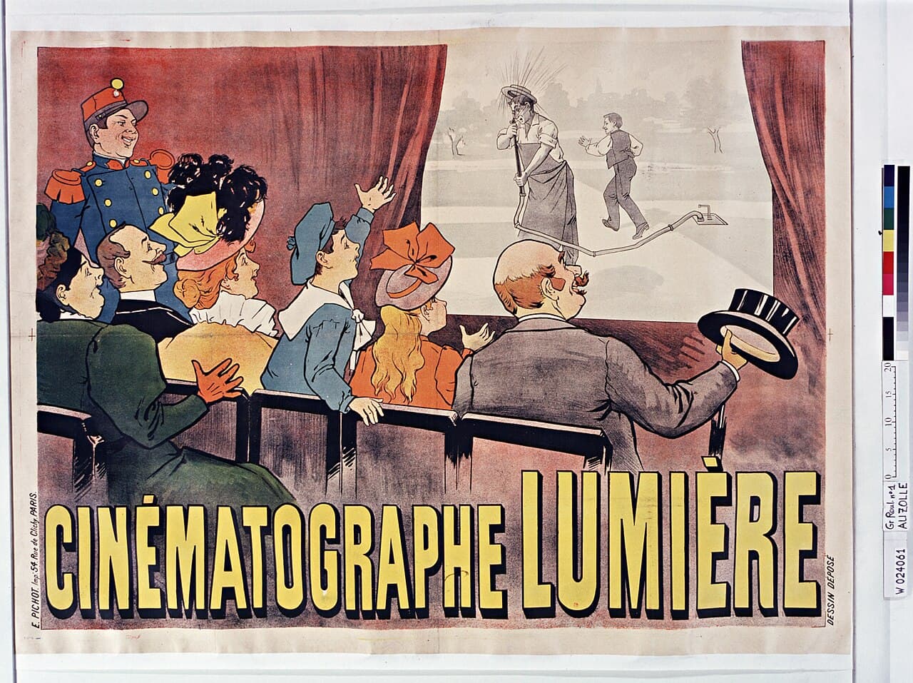 Marcellin Auzolle, plakat Cinématographe Lumière, 1896 — publiczność zaśmiewa się na pokazie Polewacza polewanego