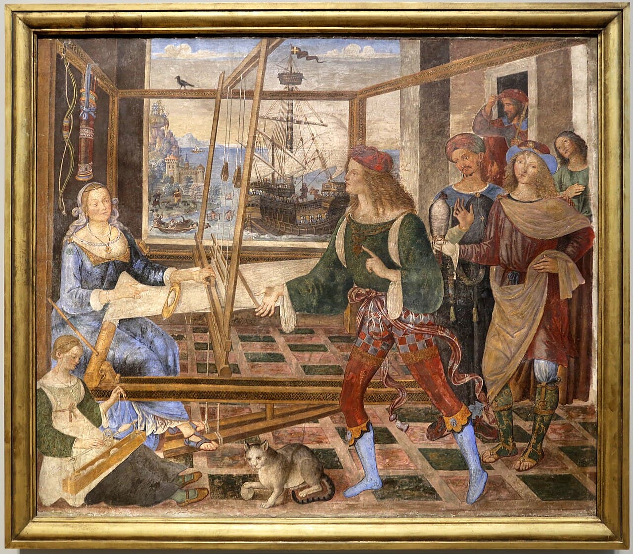 Pinturicchio, Penelopa i zalotnicy (fresk z Palazzo del Magnifico w Sienie), ok. 1509, National Gallery w Londynie - Penelopa siedzi przy wysokim, pionowym krośnie tkackim, na którym widać rozpoczęty całun; po lewej ciśnie się grupa zalotników, na ścianie wisi łuk Odyseusza, u stóp kotek bawi się kłębkiem wełny, a przez okno w głębi widać statek na morzu; kobieta tka całun, który co noc skrycie pruła, by nigdy go nie ukończyć