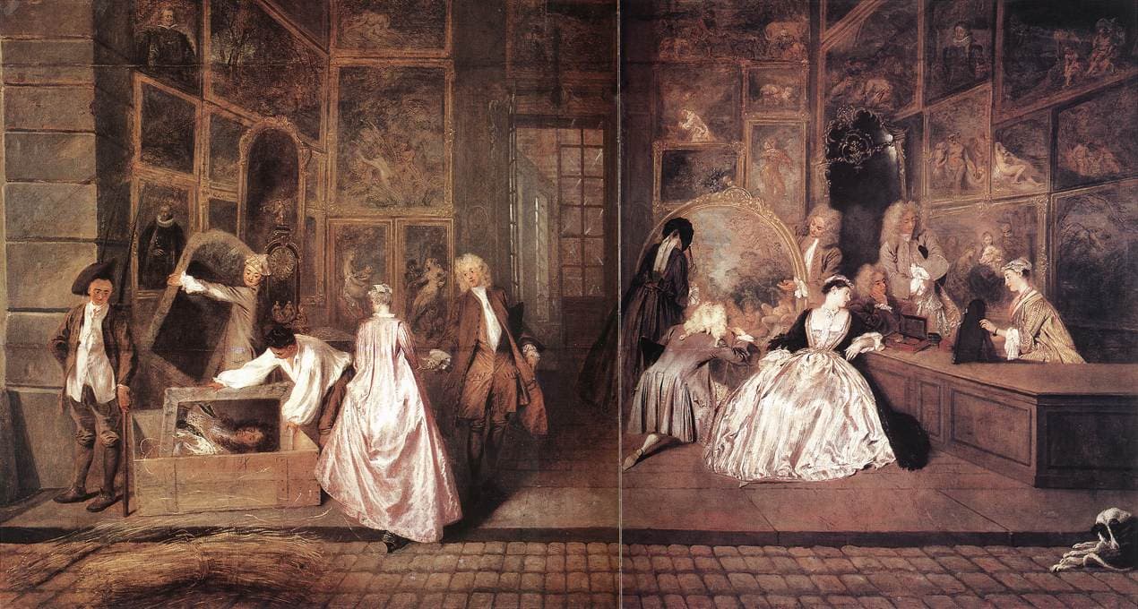 Antoine Watteau, Szyld Gersainta (1720) - wnętrze paryskiego sklepu ze sztuką, klienci oglądają obrazy, pracownicy pakują płótna do skrzyni