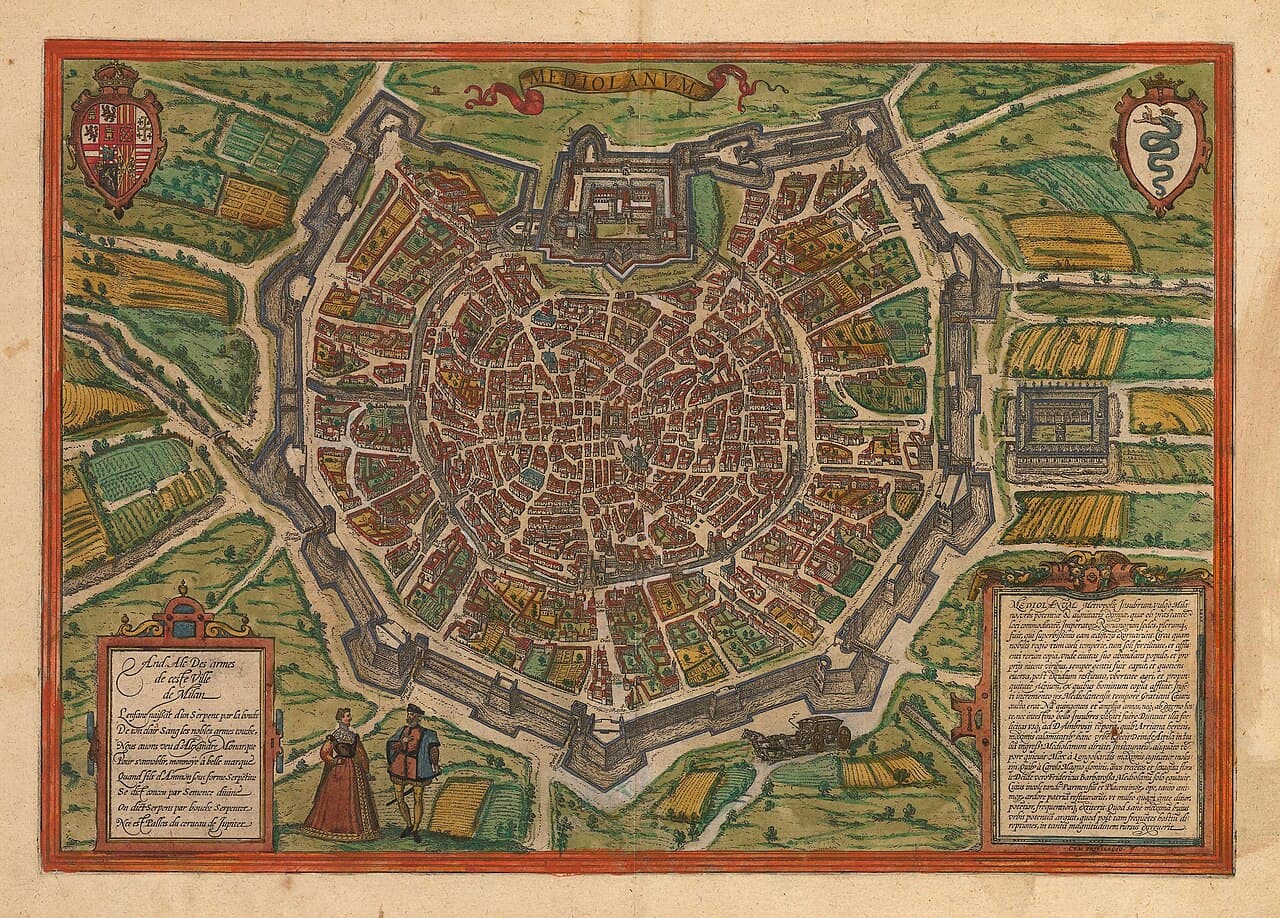 Plan Mediolanu z atlasu Civitates orbis terrarum, 1574, miedzioryt. Miasto pokazane z lotu ptaka, wpisane w niemal okrągły zarys. Wokół biegnie podwójny pierścień murów z wysuniętymi gwiaździstymi bastionami i fosą. W murach rozmieszczone są bramy, od których w głąb prowadzą proste ulice zbiegające się ku środkowi. Wewnątrz gęsta zabudowa z zaznaczonymi wieżami kościołów, place i kanały, a poza murami pola i drogi. U dołu kartusz z opisem.