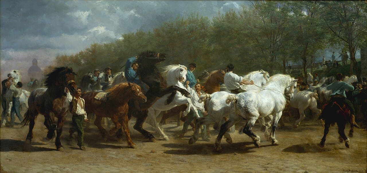 Rosa Bonheur, Targ koński 1852-55, Metropolitan Museum w Nowym Jorku - potężne percherony rwą się z rąk i wierzgają w tumanie kurzu na paryskim targu, a przy każdej uździe jest mężczyzna, jedni w niebieskich bluzach i czapkach, inni z gołą głową i w rozpiętych białych koszulach; malarka szkicowała tam w męskim ubraniu, na które potrzebowała urzędowego zezwolenia policji