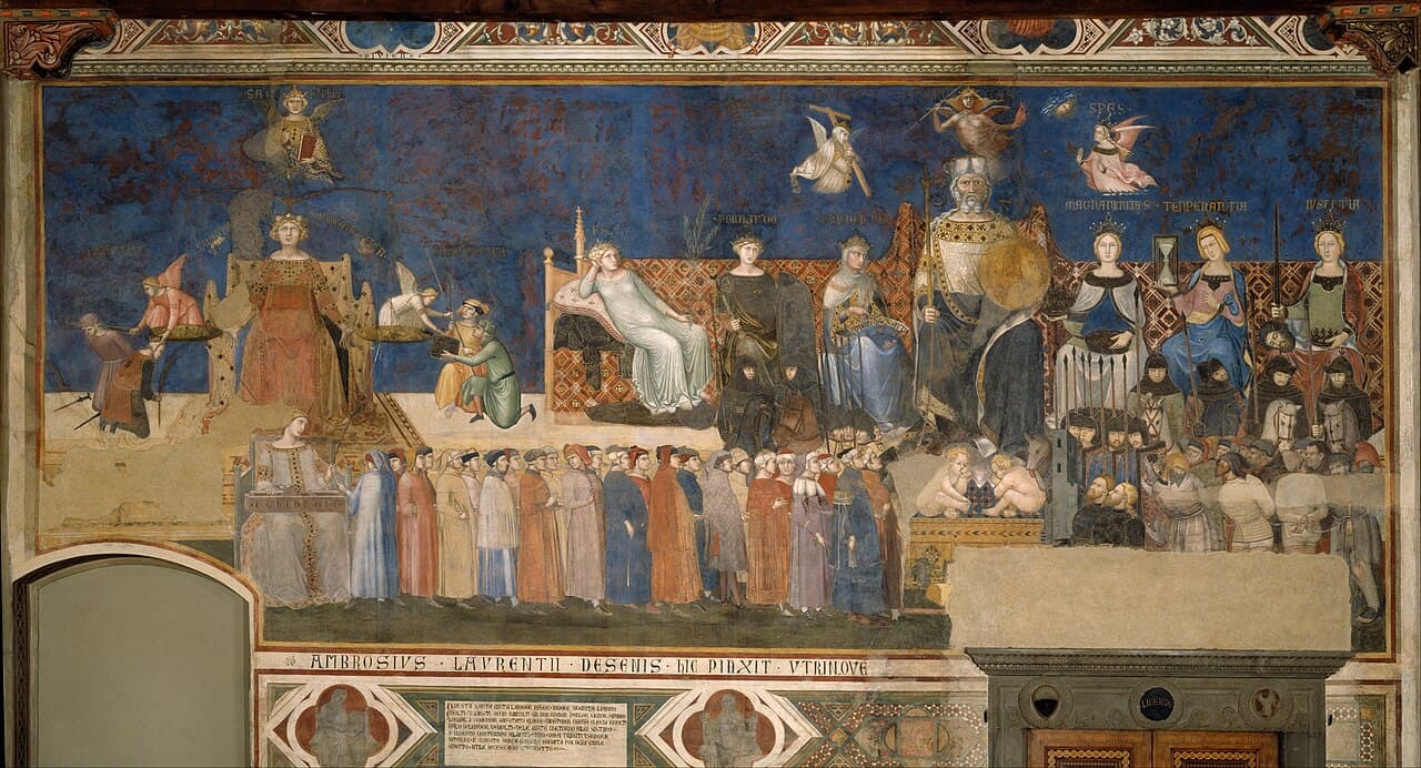 Ambrogio Lorenzetti, Alegoria dobrych rządów 1338-39, fresk w Palazzo Pubblico w Sienie - szeroki poziomy pas malowidła na granatowym tle: po lewej ukoronowana kobieta trzyma wielką wagę, obok druga siedzi na niskiej ławie, po prawej ogromny brodaty starzec zasiada na tronie, a po jego bokach sześć ukoronowanych kobiet z mieczem, klepsydrą i misą. Dołem sunie długi korowód mężczyzn w barwnych szatach, u stóp tronu leży wilczyca z dwojgiem niemowląt, przy prawej krawędzi stoją zbrojni i jeńcy ze związanymi rękami, a górą płyną małe skrzydlate postacie.