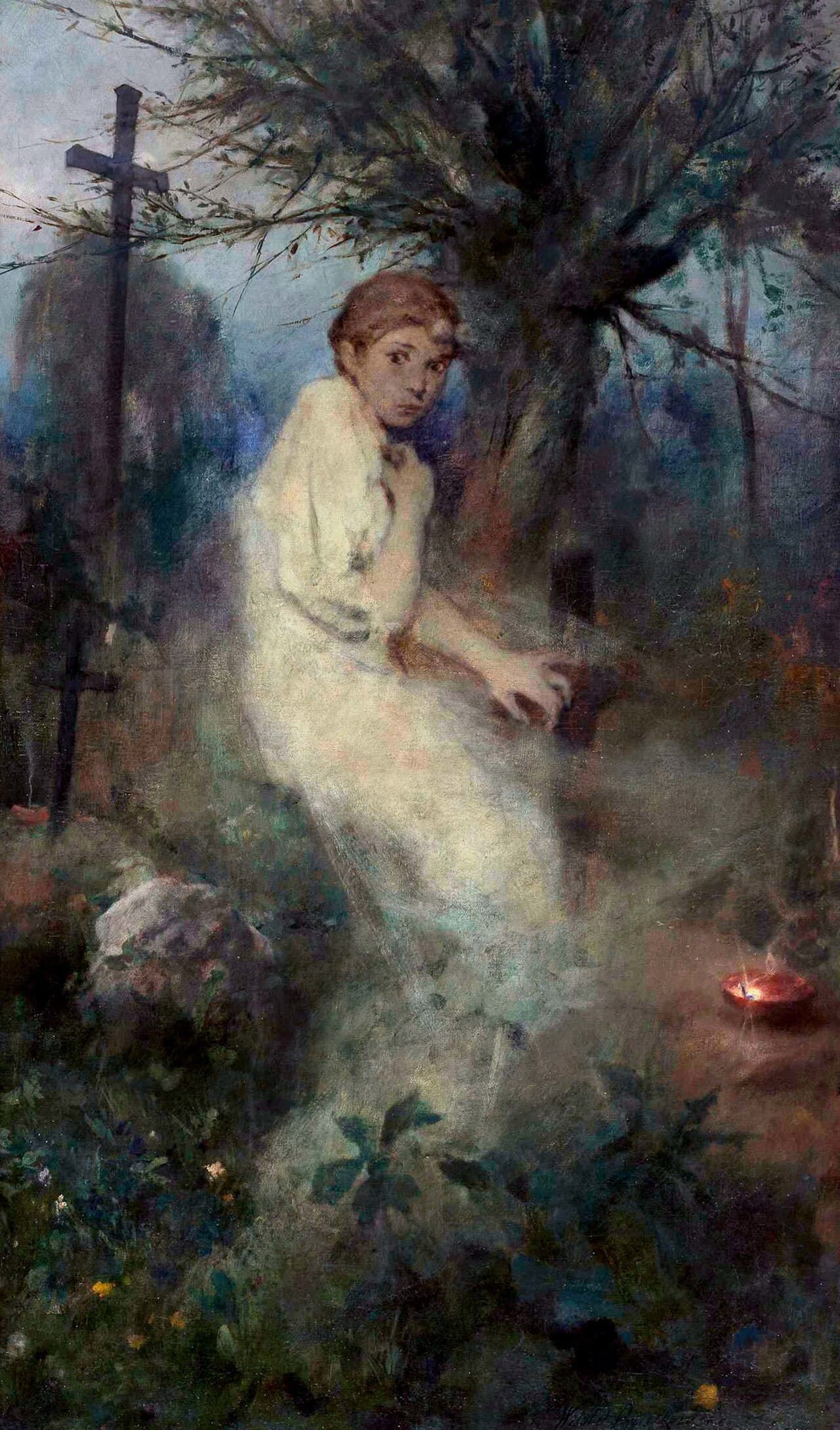 Witold Pruszkowski, Zaduszki, 1888 — w sinozielonym zmierzchu młoda kobieta o krótkich rudawych włosach przycupnęła nisko w trawie, biała suknia rozkłada się wokół niej, a ona odwraca głowę przez ramię i patrzy szeroko otwartymi oczami wprost na widza. Po prawej, tuż przy ziemi, tli się czerwony ognik, jedyny ciepły punkt na całym płótnie