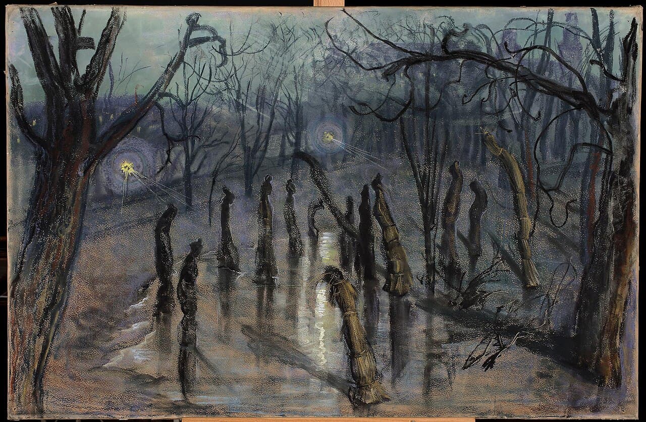 Stanisław Wyspiański, Chochoły 1898-99, Muzeum Narodowe w Warszawie — pastelowy obraz słomianych nakryć róż na Plantach krakowskich tańczących w wietrze, symbol polskiej tragikomedii narodowej