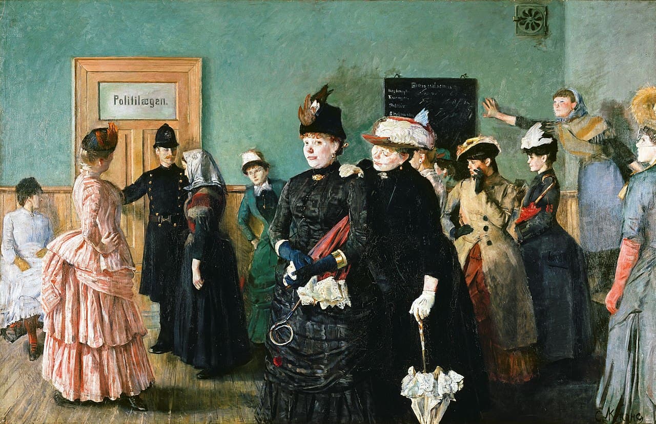 Christian Krohg, Albertine w poczekalni lekarza policyjnego (1885–1887, Nasjonalmuseet w Oslo) — długa sala o zielonych ścianach i jasnej boazerii, wypełniona kobietami w kapeluszach z piórami, płaszczach i sukniach; dwie z nich, w czerni, stoją na pierwszym planie z parasolkami. Po lewej widać zamknięte drzwi z tabliczką Politilægen, obok nich policjanta w granatowym mundurze z wyciągniętą ręką i dziewczynę w białej chustce, ze spuszczoną głową.