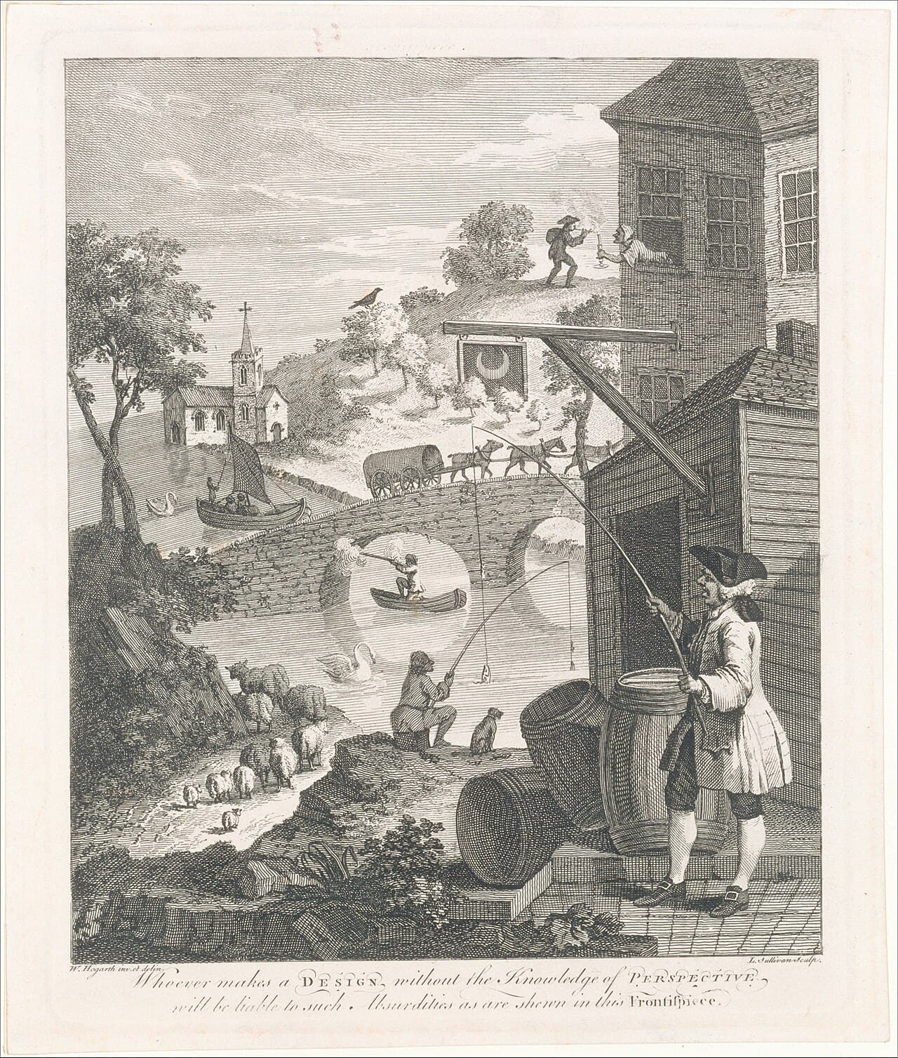 William Hogarth, Satyra na fałszywą perspektywę, 1754, rycina otwierająca podręcznik perspektywy Joshuy Kirby'ego — wiejski widok celowo zbudowany z niemożliwych zestawień: wędka rybaka stojącego tuż przy dolnej krawędzi sięga rzeki daleko w tle i krzyżuje się z żyłką drugiego wędkarza, kobieta wychylona z okna podaje ogień mężczyźnie stojącemu na odległym wzgórzu, a owce na lewym zboczu rosną tym bardziej, im dalej się pasą, przy czym najmniejsza z całego stada stoi na samym pierwszym planie