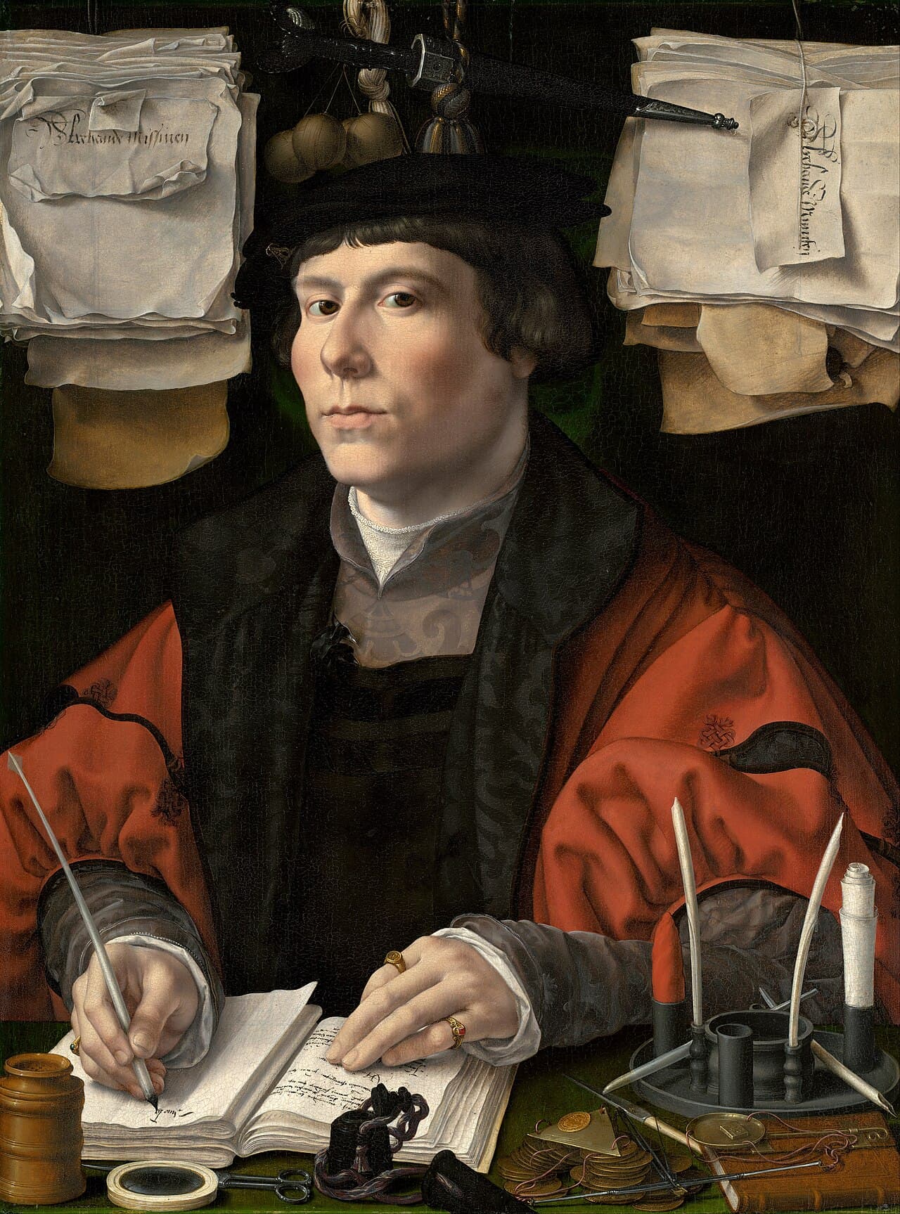 Jan Gossaert, Portret kupca, około 1530, National Gallery of Art w Waszyngtonie - mężczyzna w czarnym birecie i czerwonym płaszczu przy zielonym stole wpisuje gęsim piórem pozycję do otwartej księgi rachunkowej; obok kałamarz, nożyce, pieczęć, stosik monet i przybory do pisania, a nad jego głową wiszą na drutach dwa pliki papierów, każdy z osobnym niderlandzkim opisem