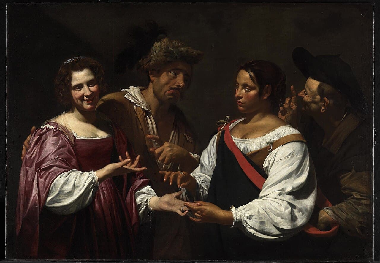 Simon Vouet, Wróżka (ok. 1617) — Cyganka czyta dłoń młodzieńca, a jej wspólniczka po cichu opróżnia mu kieszeń
