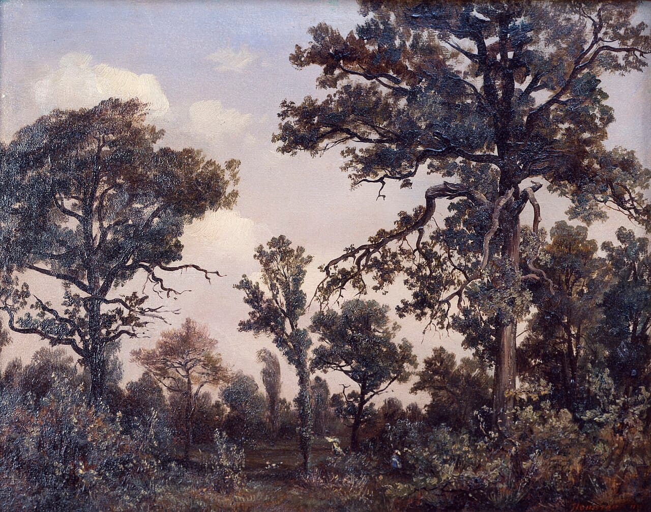 Théodore Rousseau, Wielki dąb w lesie Fontainebleau, XIX w. - stary, sękaty, powykręcany dąb ukształtowany przez dawne rany ukryte pod korą
