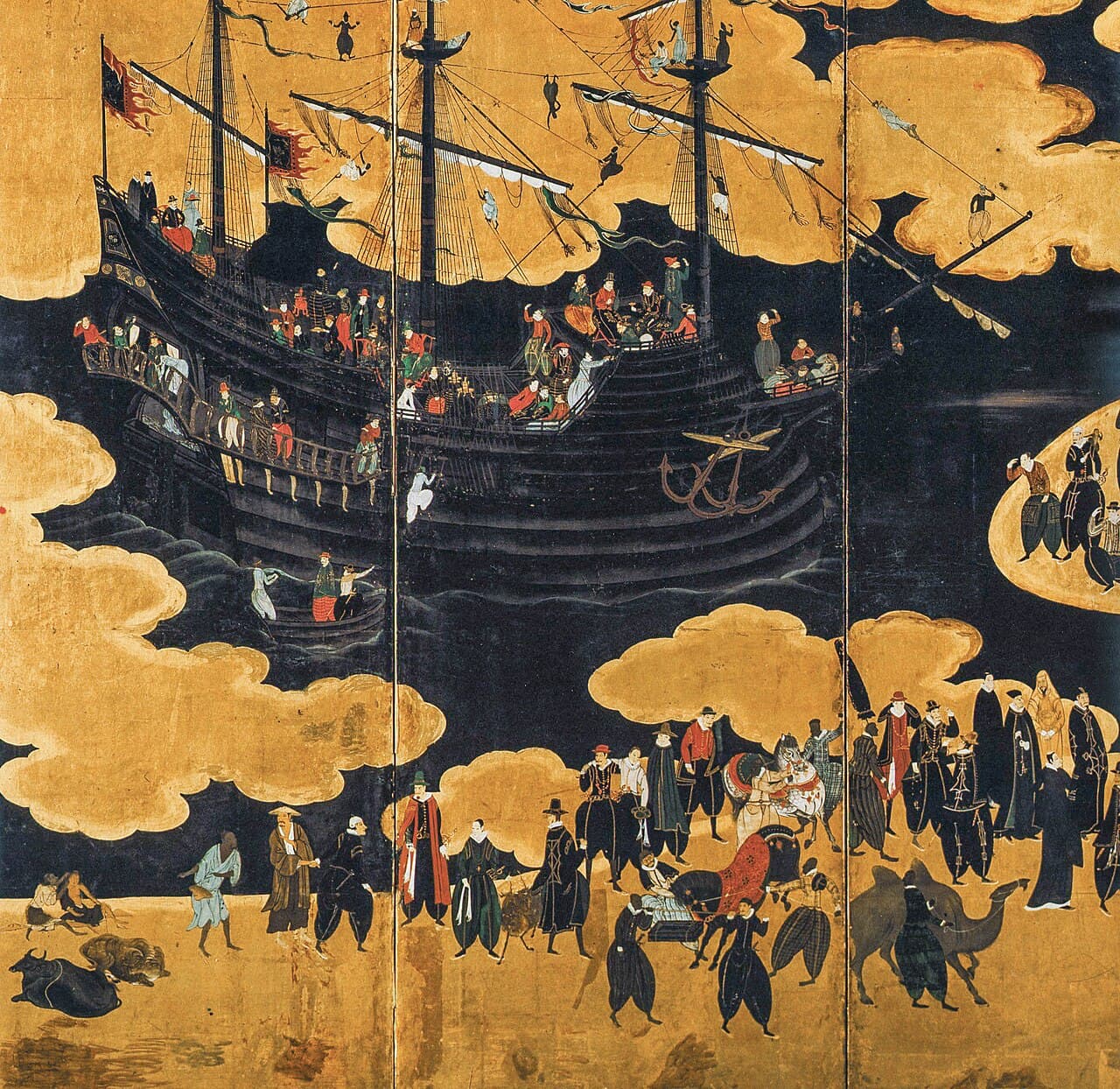 Kanō Naizen, Przybycie południowych barbarzyńców, ok. 1600, Museu Nacional de Arte Antiga w Lizbonie - trzy panele parawanu na złotym tle: czarny portugalski karak na redzie, a na brzegu procesja przybyszów w bufiastych spodniach i kryzach, z wielbłądami, wołem i koniem w bogatym czapraku; z boku przygląda się im mężczyzna w słomianym kapeluszu