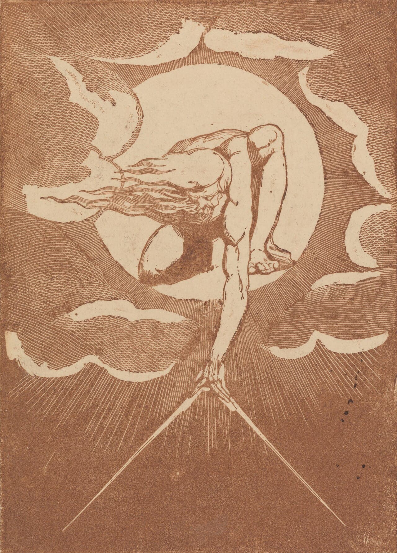 William Blake, The Ancient of Days, 1794 — grafika odbita brązowym tuszem: brodaty starzec kuli się w jasnym kręgu wśród chmur i wychyla w dół z wyciągniętą ręką, z której schodzą w ciemność dwa ramiona cyrkla