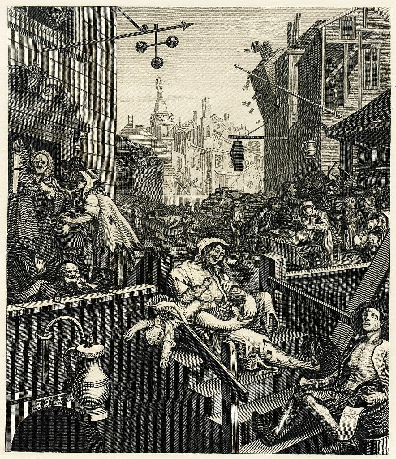 William Hogarth, Gin Lane, 1751, rycina - zatłoczona, rozpadająca się londyńska uliczka zniszczona tanim ginem: na pierwszym planie pijana, zaniedbana kobieta osuwa się na schodach, a jej niemowlę wypada z rąk przez balustradę; wokół nędza, wychudli ludzie, zastaw rzeczy w lombardzie i trumna, a jedynymi prosperującymi szyldami są lichwiarz i grabarz; spotęgowany, oskarżycielski obraz społecznego zła