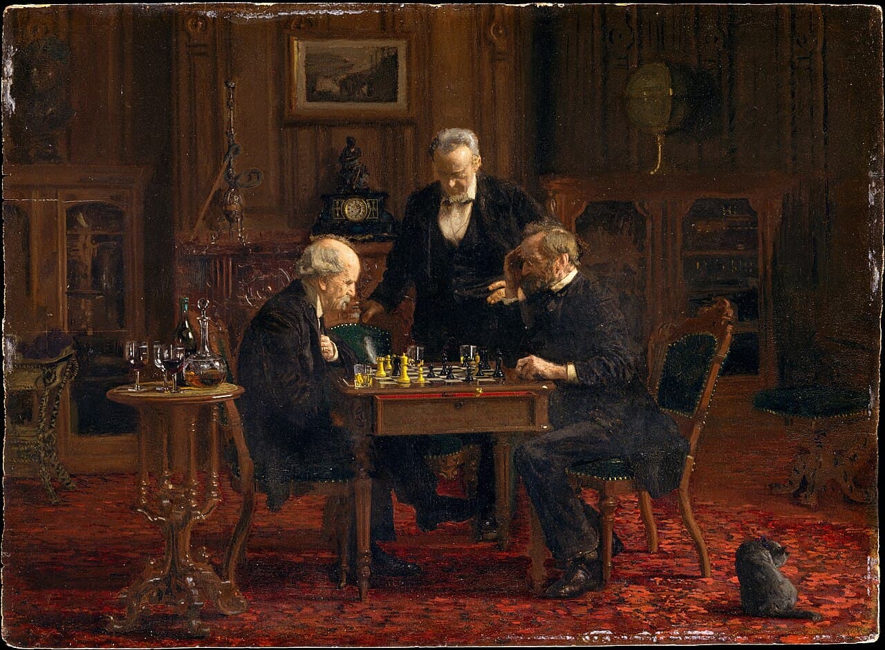 Thomas Eakins, Gracze w szachy, 1876, olej - dwóch starszych mężczyzn pochylonych nad szachownicą w ciemnym salonie, trzeci stoi między nimi i patrzy na planszę; w tle zegar kominkowy, obok stolik z karafką i kieliszkami, na czerwonym dywanie kot