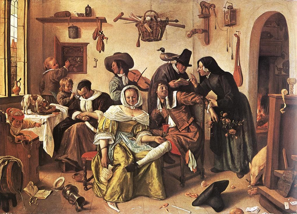 Jan Steen, Strzeż się zbytku (1663, Kunsthistorisches Museum w Wiedniu) — ciasne, rozświetlone wnętrze holenderskiego domu, w którym naraz mieści się kilkanaście postaci i zwierząt. Pośrodku siedzi kobieta w żółtej jedwabnej sukni z wyciągniętą nogą, obok niej mężczyzna unosi kieliszek, w głębi gra skrzypek, pies zajada z półmiska wprost ze stołu, a po podłodze walają się karty, fajka, przewrócony cynowy dzban i czarny kapelusz.