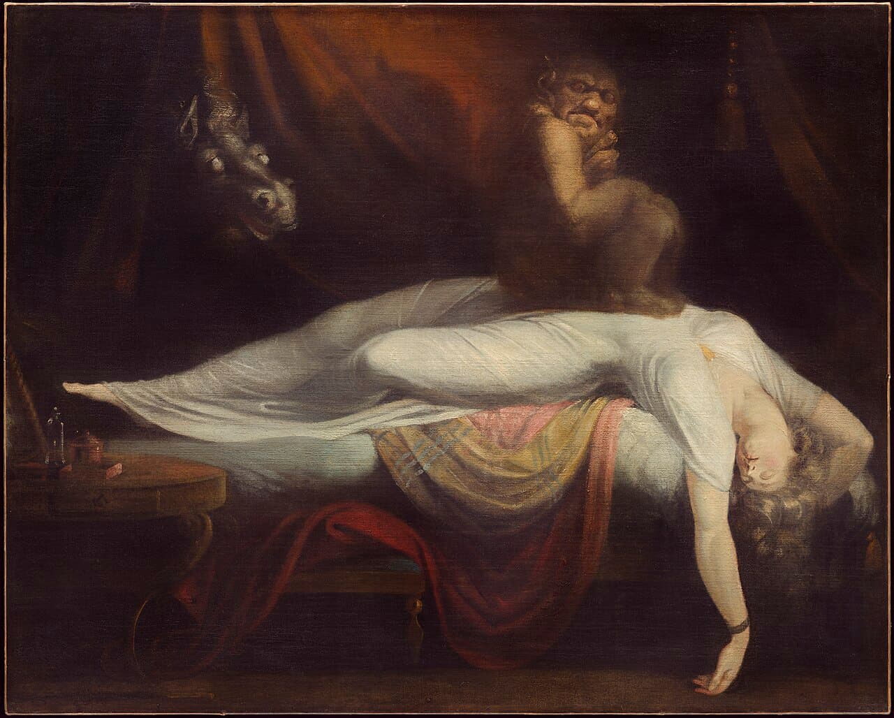 Johann Heinrich Füssli, Koszmar nocny (1781) - śpiąca kobieta odchylona do tyłu, na jej piersi przysiadł demon, z ciemności wychyla się łeb konia