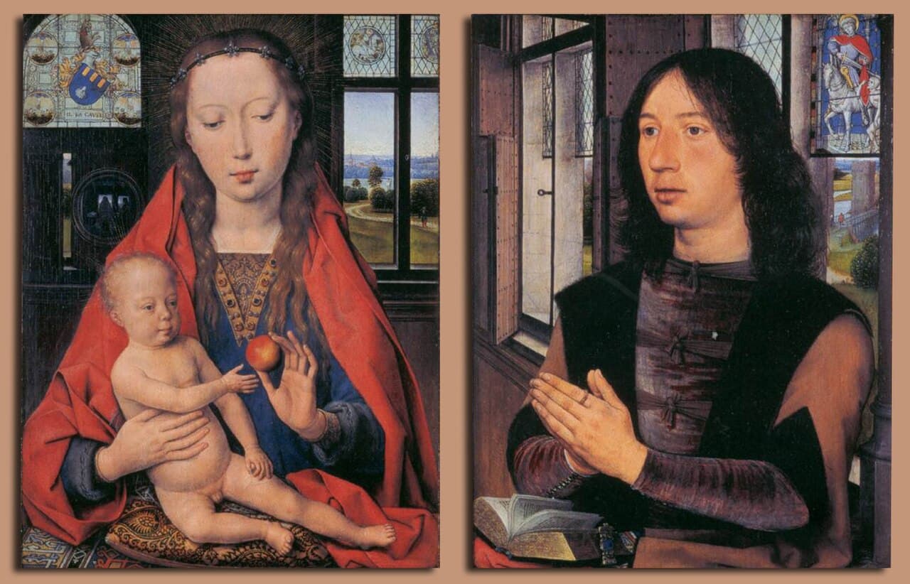 Hans Memling, Dyptyk Maartena van Nieuwenhove, 1487 - dwa osobne malarskie panele obok siebie, Madonna z Dzieciątkiem i fundator, pomyślane do czytania razem