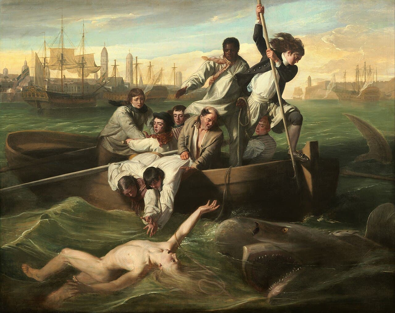 John Singleton Copley, Watson i rekin, 1778 — mętnozielona woda zatoki, w tle żaglowce, wieże miasta i forteca w ciepłym świetle. Na dole kadru nagi jasnowłosy chłopiec unosi się na plecach, z prawej sunie ku niemu szare cielsko rekina z płetwą wystawioną nad wodę, a w przechylonej łodzi tłoczy się dziewięciu mężczyzn.