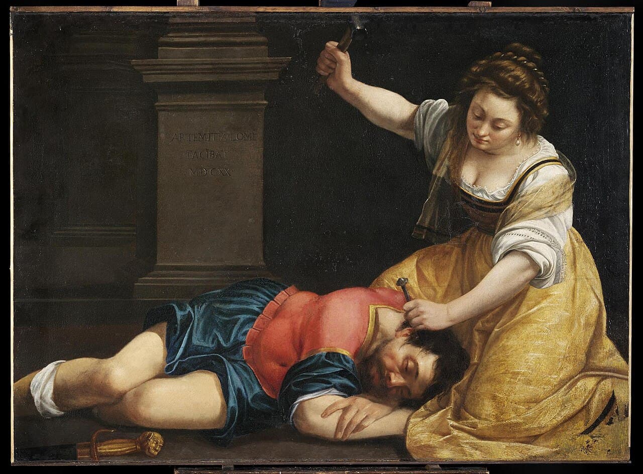 Artemisia Gentileschi, Jael i Sisera (ok. 1620) - ciemne tło, dwie postacie wydobyte snopem światła; mężczyzna leży bezwładnie z zamkniętymi oczami i głową opartą na kolanach siedzącej kobiety, ona pochyla się nad nim, w jednej dłoni trzyma przy jego skroni długi metalowy kołek, a drugą unosi nad ramieniem ciężkie narzędzie z drewnianym trzonkiem