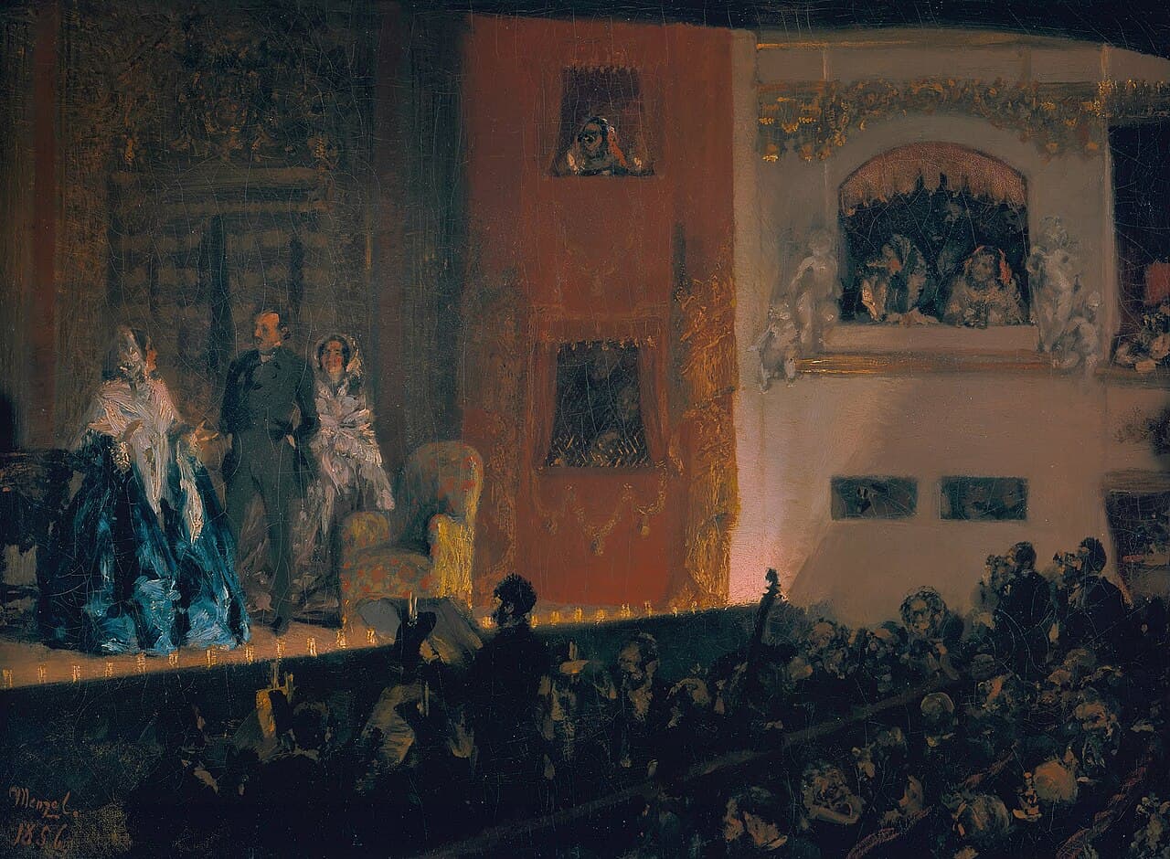 Adolph Menzel, Théâtre du Gymnase w Paryżu, 1856, olej na płótnie - wnętrze paryskiego teatru widziane z widowni: jasno oświetlona scena z aktorami w ramie proscenium, wydzielona z mroku lóż i parteru, ku której zwraca się ciemna sala - rozjaśniony prostokąt sceny wycięty z ciemności