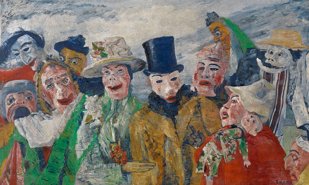 James Ensor, Intryga (1890) — wystrojona para idzie pod rękę środkiem obrazu, ona w szerokim kapeluszu z kwiatami, on w cylindrze i z kredowobiałą twarzą; ze wszystkich stron ciśnie się na nich tłum o wyszczerzonych, maskowatych twarzach, z prawej wystaje trupia czaszka i uniesiona lalka, a wszystkie spojrzenia są skierowane na parę.