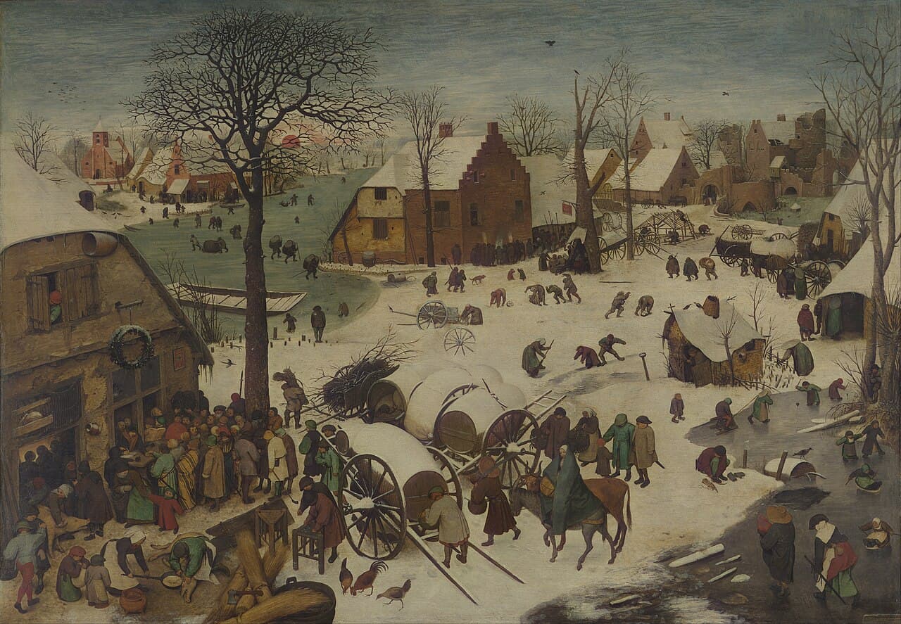 Pieter Bruegel starszy, Spis ludności w Betlejem (1566) - biblijna scena rozegrana we flamandzkiej wsi zimą, zamarznięty staw, chłopi w kolejce do poborcy